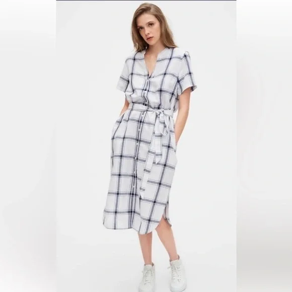GAP | Dresses | Gap Navy White Windowpane Plaid Linen Blend Shirt Midi Dress  Size 6 | Poshmark